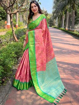 Vastranand - Banarasi Silk Gajari Peach Mina Butti Work Kadia Zari Border Saree With Unstitched Blouse