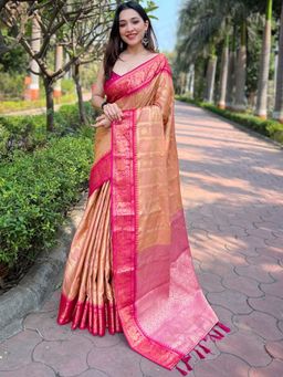 Vastranand - Banarasi Silk Honey Peach Chex Mina Butti Work Saree With Unstitched Blouse