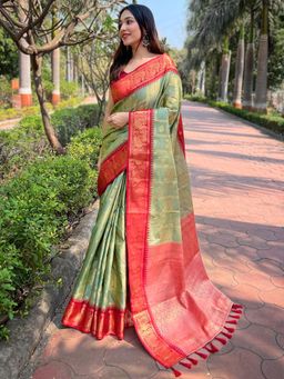 Vastranand - Banarasi Silk Pista Green Mina Butti Work Kadia Zari Border Saree With Unstitched Blouse