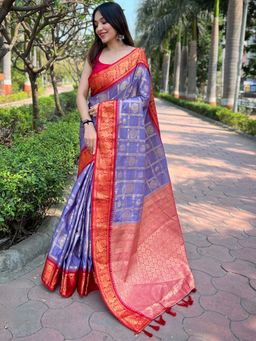 Vastranand - Banarasi Silk Purple Chex Mina Butti Work Kadia Zari Border Saree With Unstitched Blouse