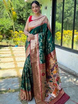 Vastranand - Dark Green Colour Pathani Silk Pichai Woven Saree With Unstitched Blouse