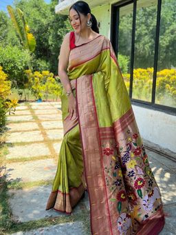 Vastranand - Lime Green Colour Pathani Silk Pichai Woven Saree With Unstitched Blouse