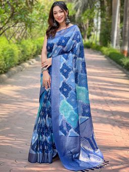 Vastranand - Banarasi Silk Blue Colour Digital Block Placement Print Saree With Unstitched Blouse