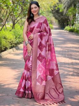 Vastranand - Banarasi Silk Purple Colour Digital Block Placement Print Saree With Unstitched Blouse