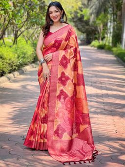 Vastranand - Banarasi Silk Orange Colour Digital Block Placement Print Saree With Unstitched Blouse
