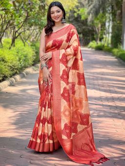 Vastranand - Banarasi Silk Peach Colour Digital Block Placement Print Saree With Unstitched Blouse