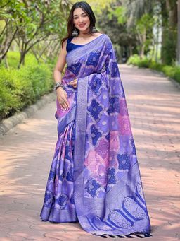 Vastranand - Banarasi Silk Purple Colour Digital Block Placement Print Saree With Unstitched Blouse