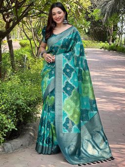 Vastranand - Banarasi Silk Rama Teal Colour Digital Block Placement Print Saree With Unstitched Blouse