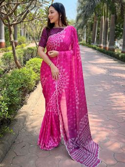 Vastranand - Rani Pink Georgette Silk Ombre Bandhani Print Saree With Unstitched Blouse