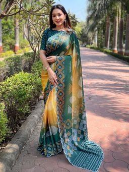 Vastranand - Yellow Georgette Silk Ombre Bandhani Print Saree With Unstitched Blouse