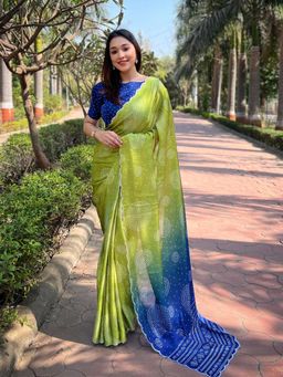 Vastranand - Lime Yellow Georgette Silk Ombre Bandhani Print Saree With Unstitched Blouse