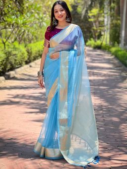Vastranand - Blue Pure Viscose Organza Saree With Unstitched Blouse