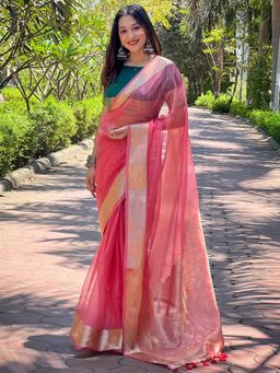 Vastranand - Dark Pink Pure Viscose Organza Saree With Unstitched Blouse
