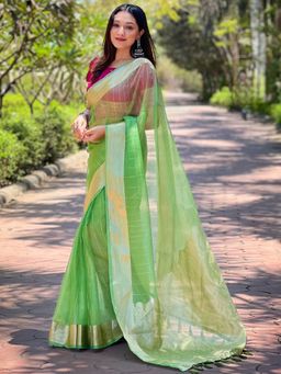 Vastranand - Green Pure Viscose Organza Saree With Unstitched Blouse