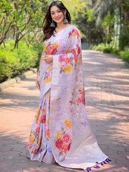 Vastranand - Lavender Silk Lakhnavi Bandla Zari Saree With Unstitched Blouse