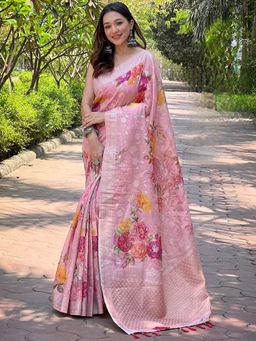 Vastranand - Light Pink Silk Lakhnavi Bandla Zari Saree With Unstitched Blouse
