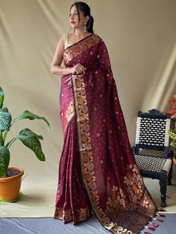 Vastranand - Wine Colour Banarasi Silk Zari Woven Saree With Unstitched Blouse