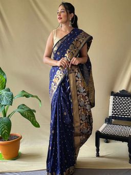 Vastranand - Navy Blue Colour Banarasi Silk Zari Woven Saree With Unstitched Blouse