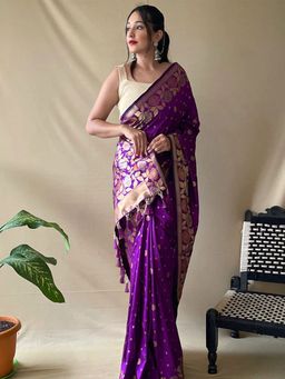 Vastranand - Purple Colour Banarasi Silk Zari Woven Saree With Unstitched Blouse