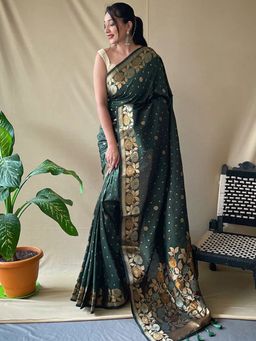 Vastranand - Bottle Green Colour Banarasi Silk Zari Woven Saree With Unstitched Blouse