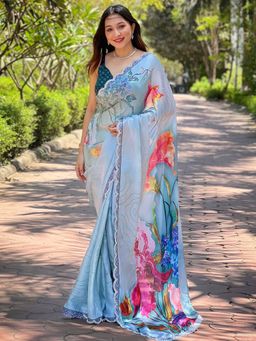 Vastranand - Light Blue Colour Satin Georgette Flower Print Saree With Unstitched Blouse
