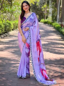 Vastranand - Purple Colour Satin Georgette Flower Print Saree With Unstitched Blouse