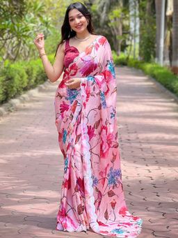 Vastranand - Peach Colour Satin Georgette Flower Print Saree With Unstitched Blouse