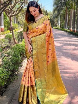 Vastranand - Orange Colour Banarasi One Grm Tissue Silk Festive Wear Saree With Unstitched Blouse