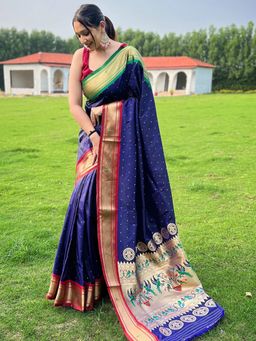 Vastranand - Pathani Navy Blue With Ganga Jamuna Broder Saree With Unstitched Blouse