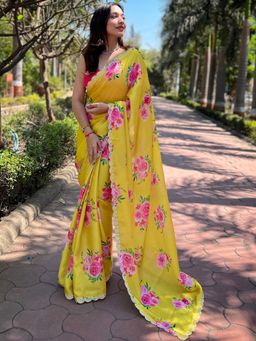 Vastranand - Yellow Pure Satin Georgette With Zircon Swarovski Border Saree With Unstitched Blouse