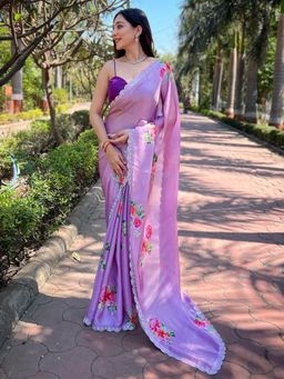 Vastranand - Lavender Pure Satin Georgette With Zircon Swarovski Border Saree With Unstitched Blouse