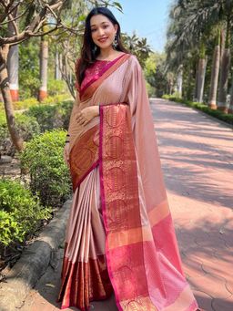 Vastranand - Brown Aura Soft Silk Kanjivaram Saree With Unstitched Blouse