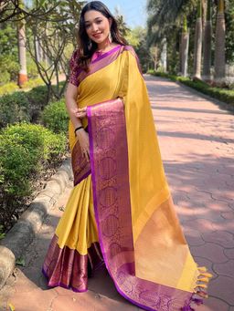 Vastranand - Yellow Aura Soft Silk Kanjivaram Saree With Unstitched Blouse
