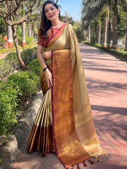 Vastranand - Gold Colour Kanjivaram Aura Soft Silk Saree With Unstitched Blouse
