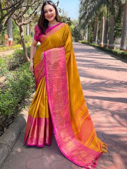 Vastranand - Mustard Colour Kanjivaram Aura Soft Silk Saree With Unstitched Blouse
