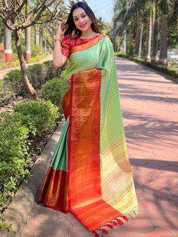 Vastranand - Pista Green Kanjivaram Aura Soft Silk Saree With Unstitched Blouse