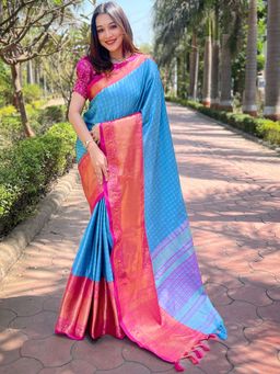 Vastranand - Royal Blue Colour Kanjivaram Aura Soft Silk Saree With Unstitched Blouse