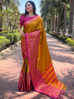 Vastranand - Aura Soft Silk Mustard Colour Kanjivaram Saree With Unstitched Blouse