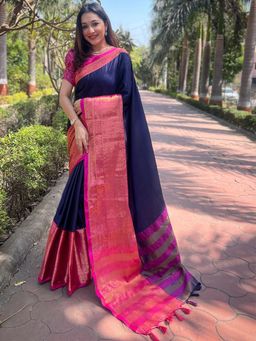 Vastranand - Aura Soft Silk Navy Blue Colour Kanjivaram Saree With Unstitched Blouse