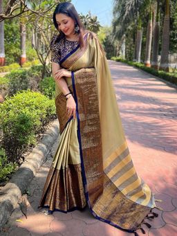 Vastranand - Aura Soft Silk Olive Colour Kanjivaram Saree With Unstitched Blouse
