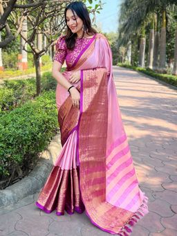 Vastranand - Aura Soft Silk Pink Colour Kanjivaram Saree With Unstitched Blouse