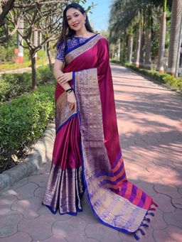Vastranand - Aura Soft Silk Rani Pink Kanjivaram Saree With Unstitched Blouse