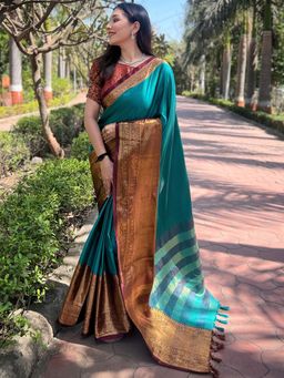 Vastranand - Aura Soft Silk Teal Colour Kanjivaram Saree With Unstitched Blouse