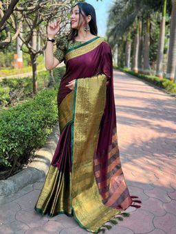 Vastranand - Aura Soft Silk Wine Colour Kanjivaram Saree With Unstitched Blouse