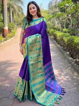 Vastranand - Aura Soft Silk Indigo Blue Self Weaving Saree With Unstitched Blouse