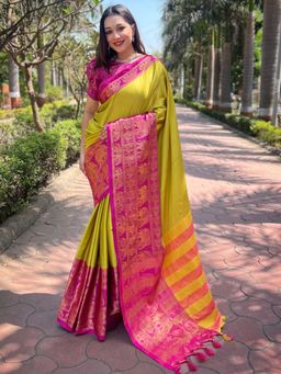 Vastranand - Aura Soft Silk Light Green Colour Self Weaving Saree With Unstitched Blouse