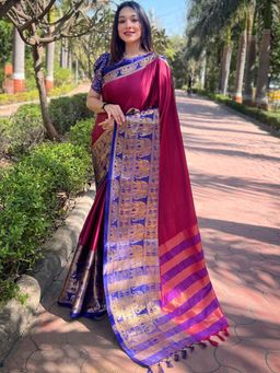 Vastranand - Aura Soft Silk Maroon Colour Self Weaving Saree With Unstitched Blouse