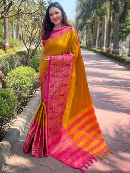 Vastranand - Aura Soft Silk Mustard Colour Self Weaving Saree With Unstitched Blouse