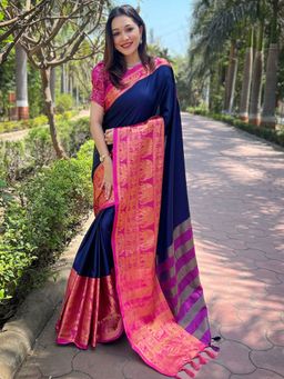 Vastranand - Aura Soft Silk Navy Blue Self Weaving Saree With Unstitched Blouse