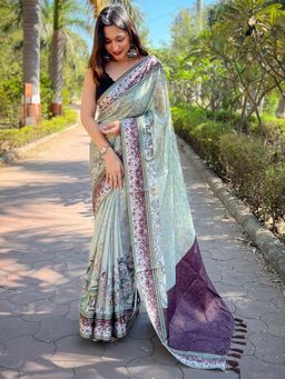 Vastranand - Satin Kota Doria Digital Print In Pista Saree With Unstitched Blouse